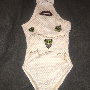White Halter Bodysuit with Gold Chains and Patches